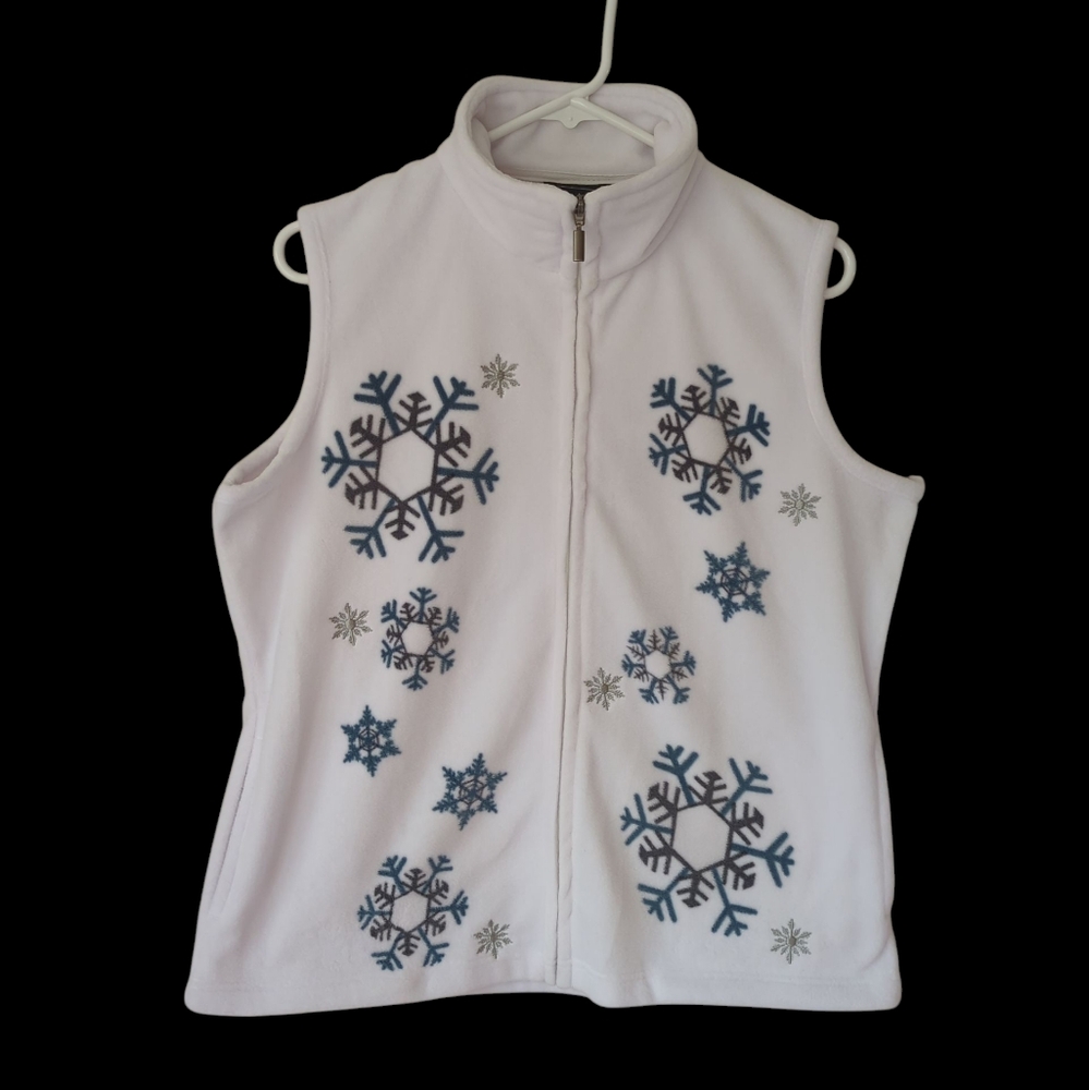 Jane Ashley Fleece Snowflake Zip Up Vest MEDIUM White Pockets